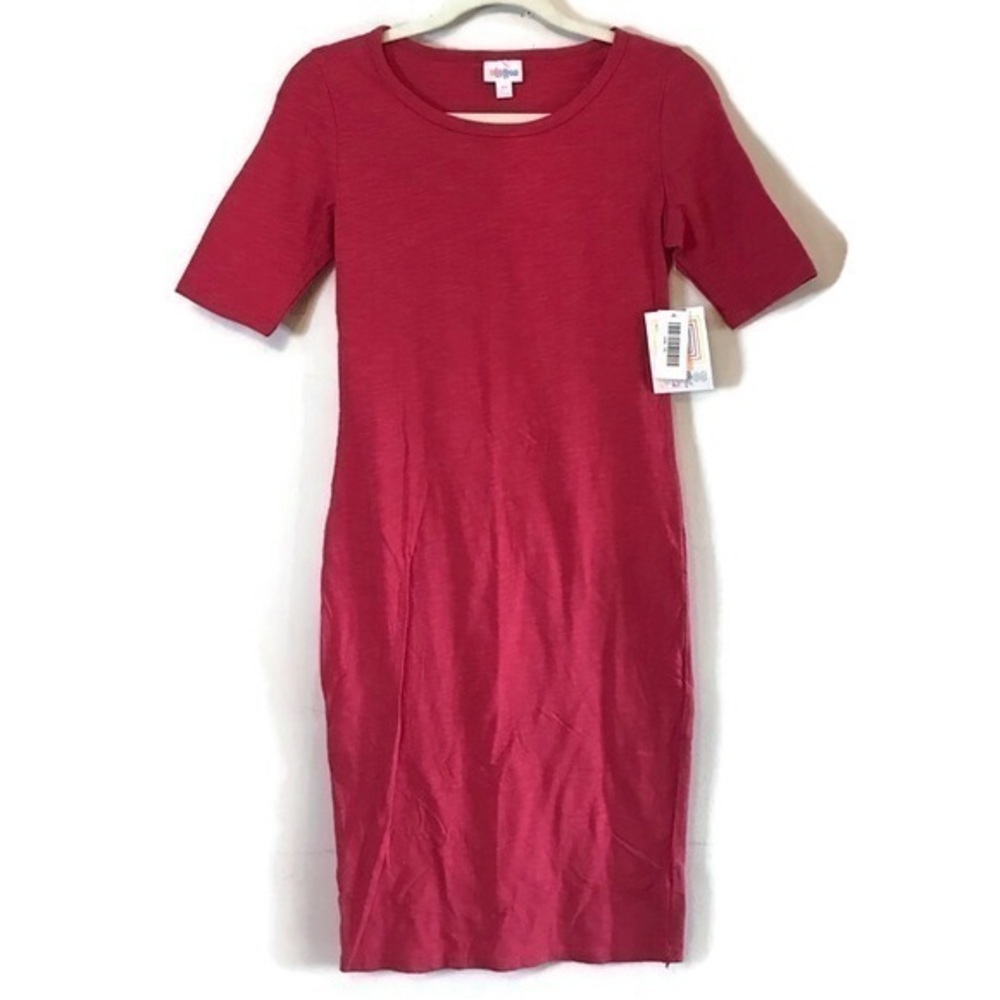 NWT LuLaRoe RED Julia Dress High neck Fitted MIDI LLR Women’s size EXTRA SMALL